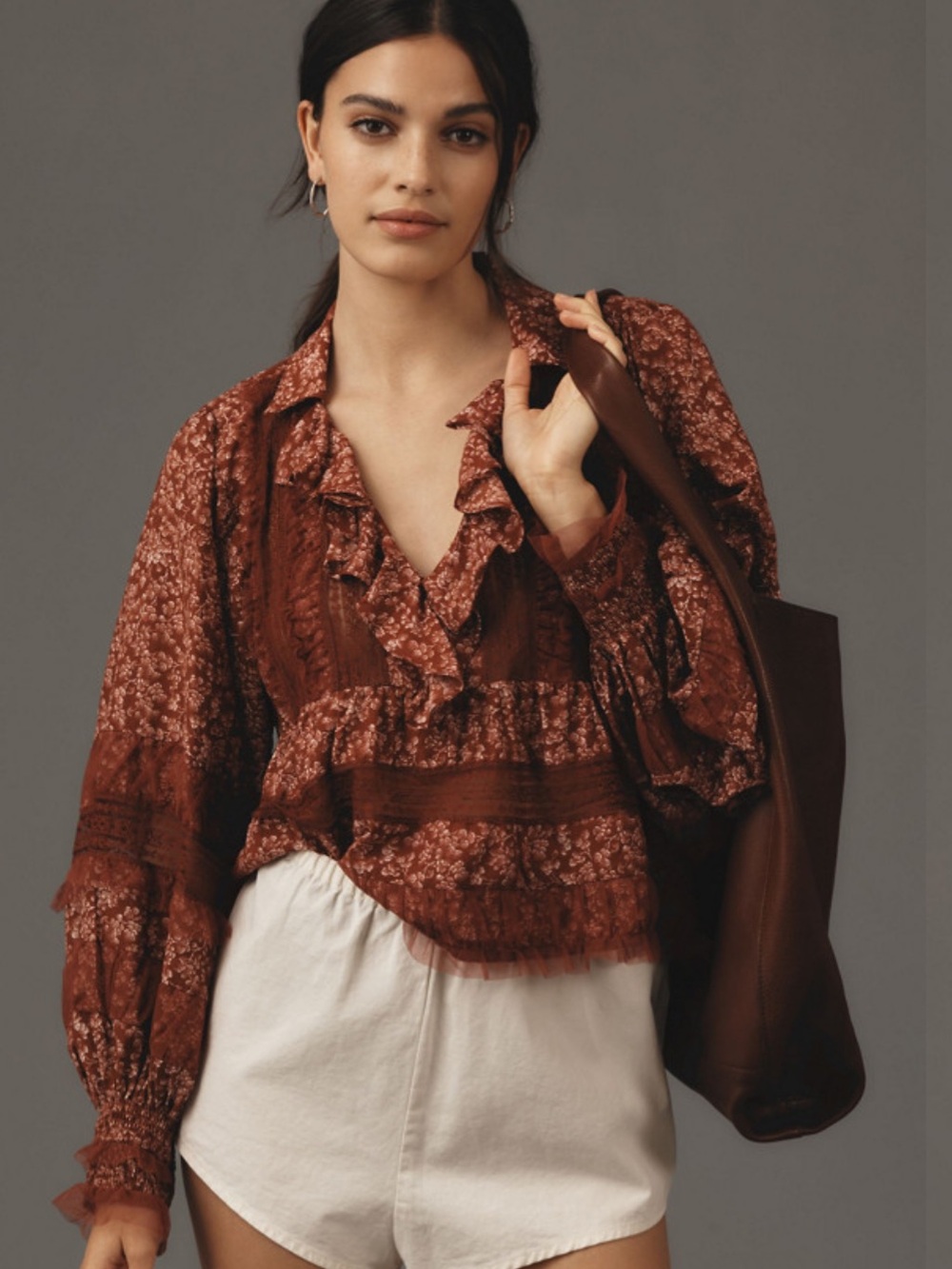 Anthropologie Rust Brown Floral Ruffled Blouse